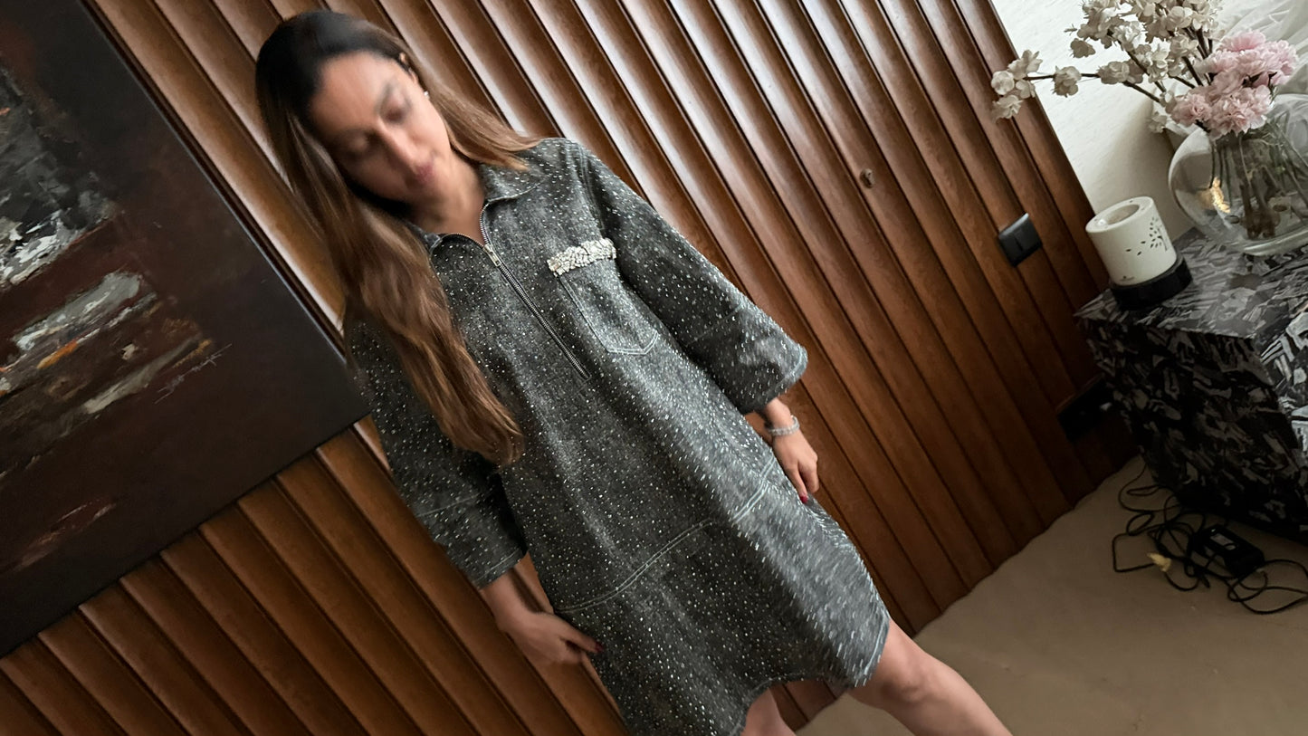Relaxed Half-Zip Embellished Tunic Denim Dress With Embellished Pockets