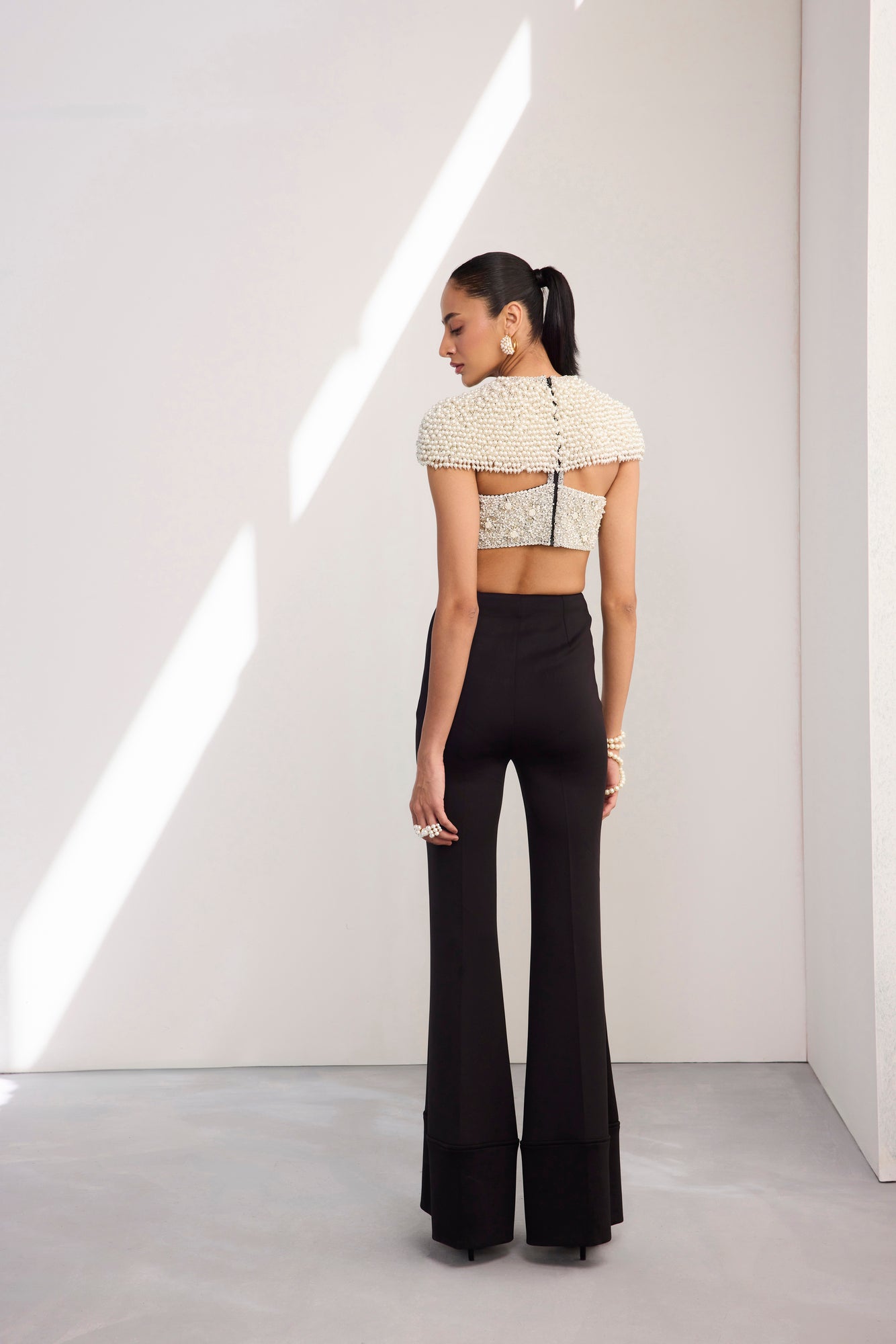 Pearl Embroidered Crop Cape Top Fit And Flare Bootcut Scuba Pants