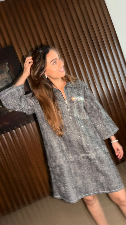 Relaxed Half-Zip Embellished Tunic Denim Dress With Embellished Pockets