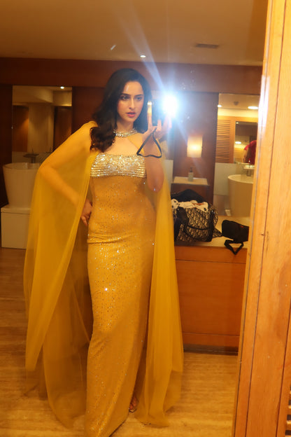 Body-Contouring  Sheath Gown with  Dramatic Cape
