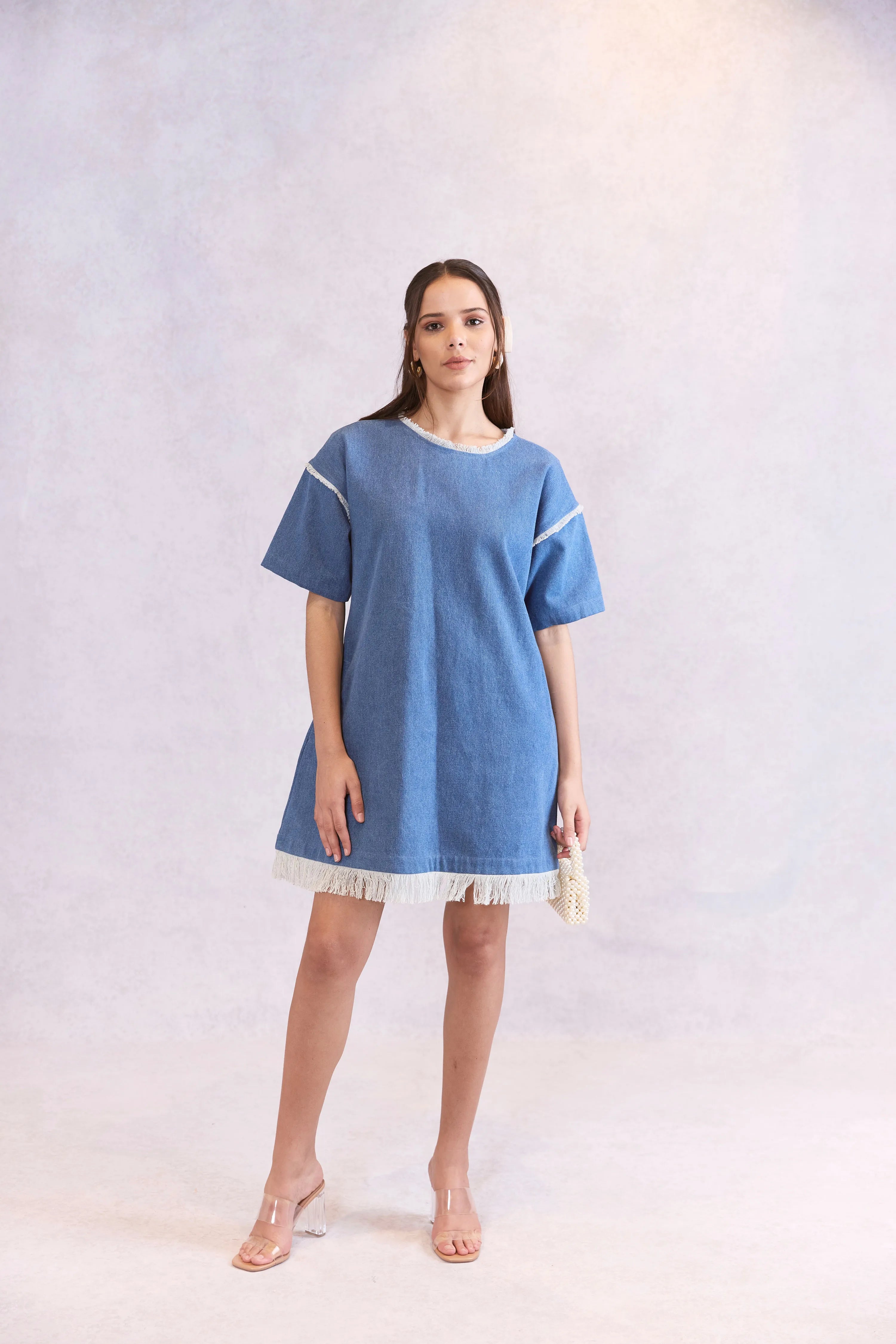 Oversized Frayed Denim Midi Dress