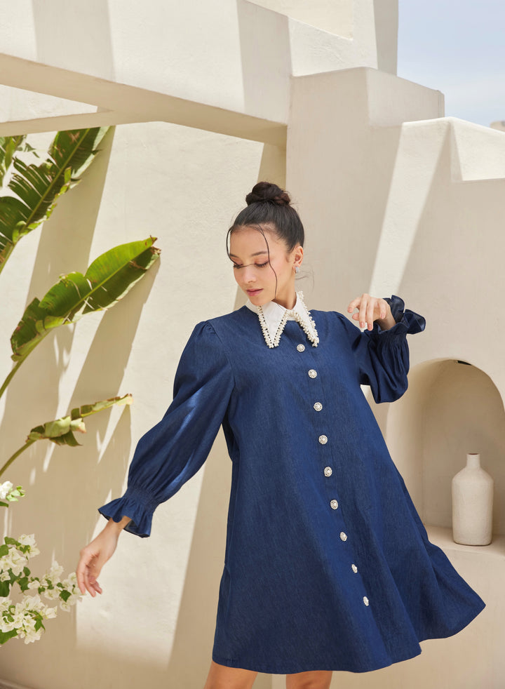 Peter Pan Embellished Collar Denim Dress