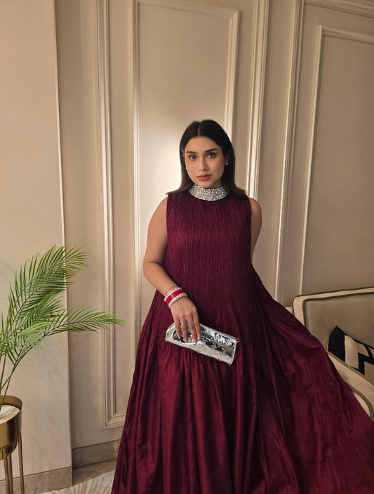 Maroon Crush Silk Dress With Embellished Neckline