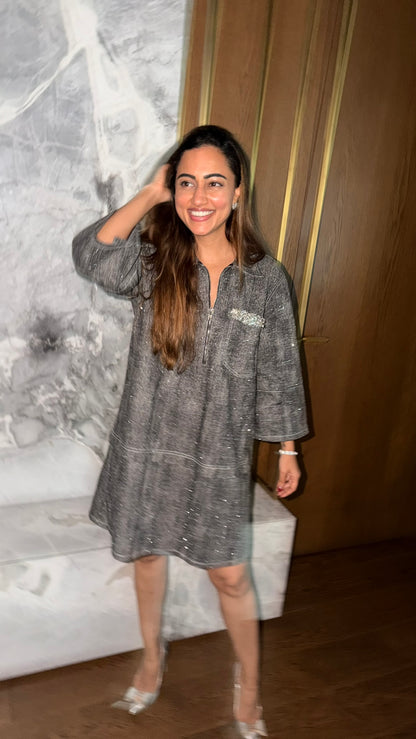 Relaxed Half-Zip Embellished Tunic Denim Dress With Embellished Pockets