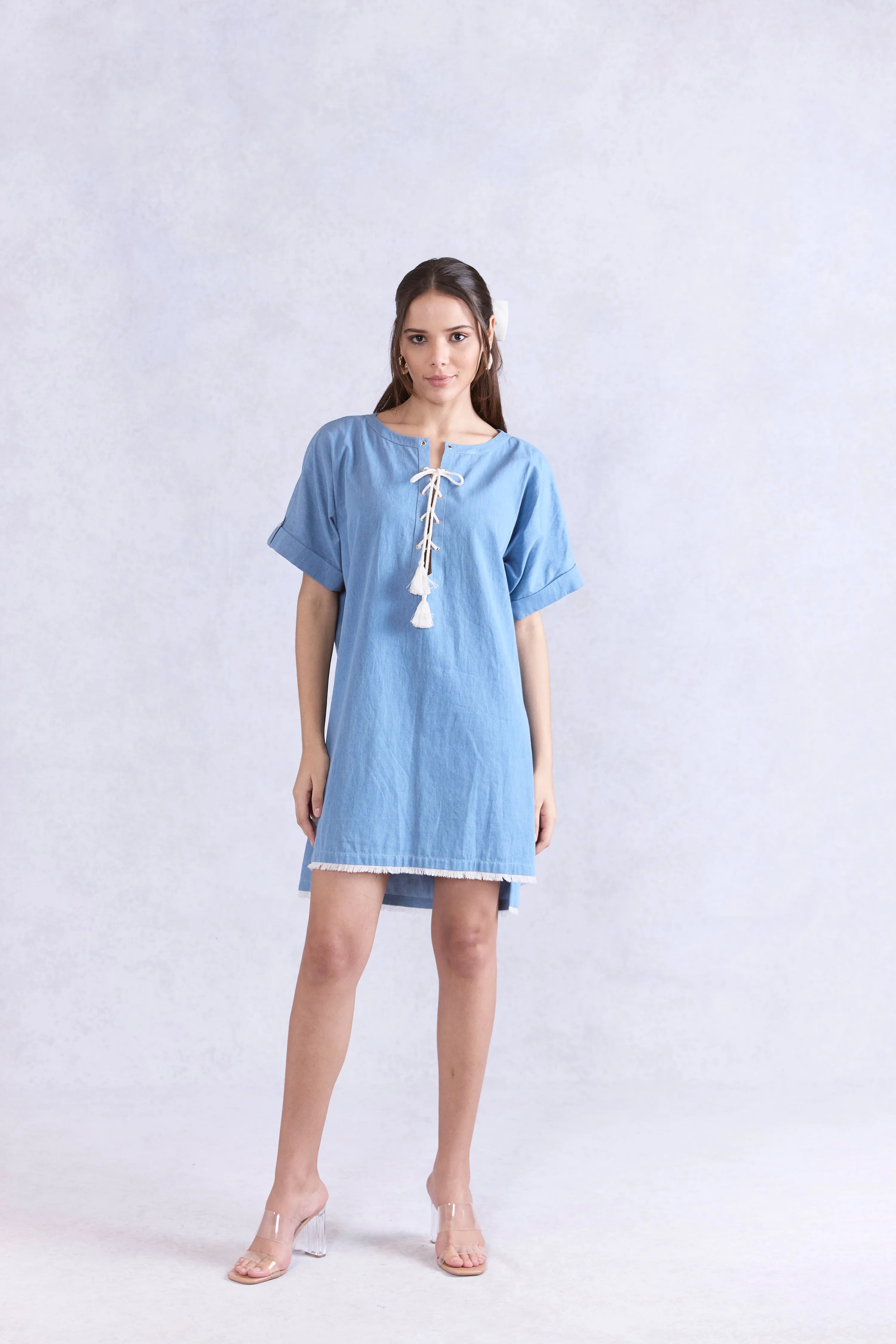 Lace Up Shift Midi Denim Dress