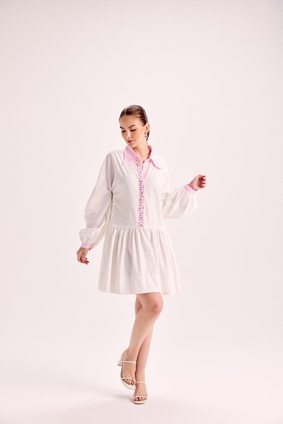 Pink Crystal Placket Shirt Dress