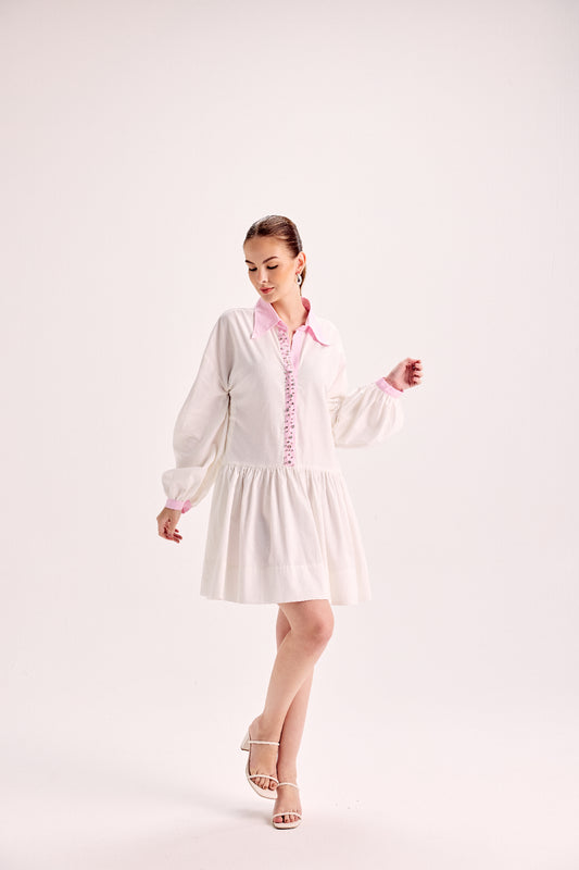 Pink Crystal Placket Shirt Dress