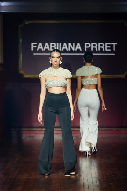 Pearl Embroidered Crop Cape Top Fit And Flare Bootcut Scuba Pants