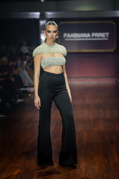 Pearl Embroidered Crop Cape Top Fit And Flare Bootcut Scuba Pants