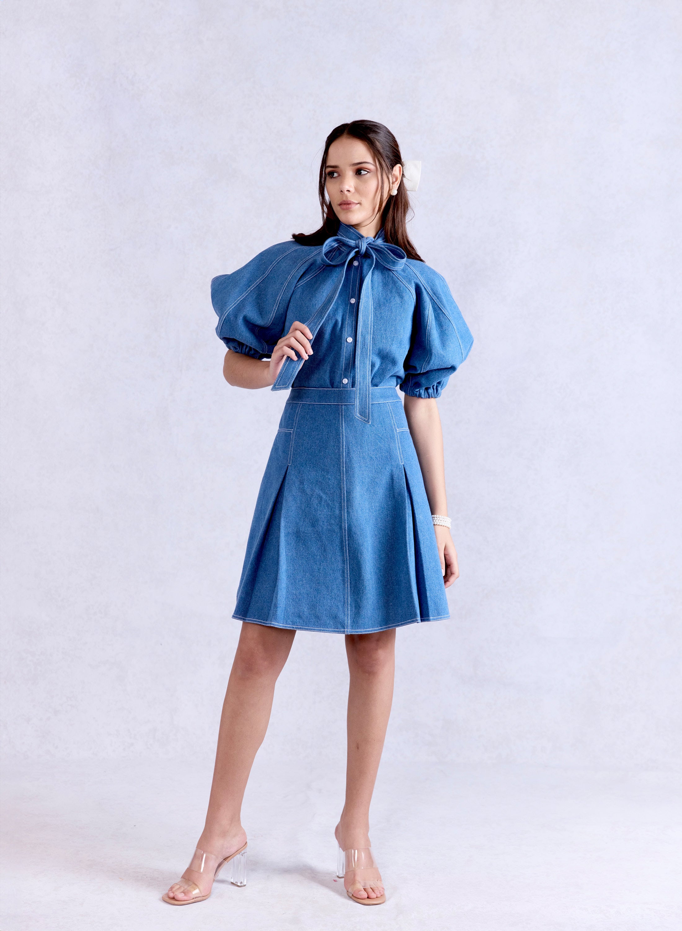 Bow Tie Lantern Denim Shirt & Box Pleat Denim Skirt