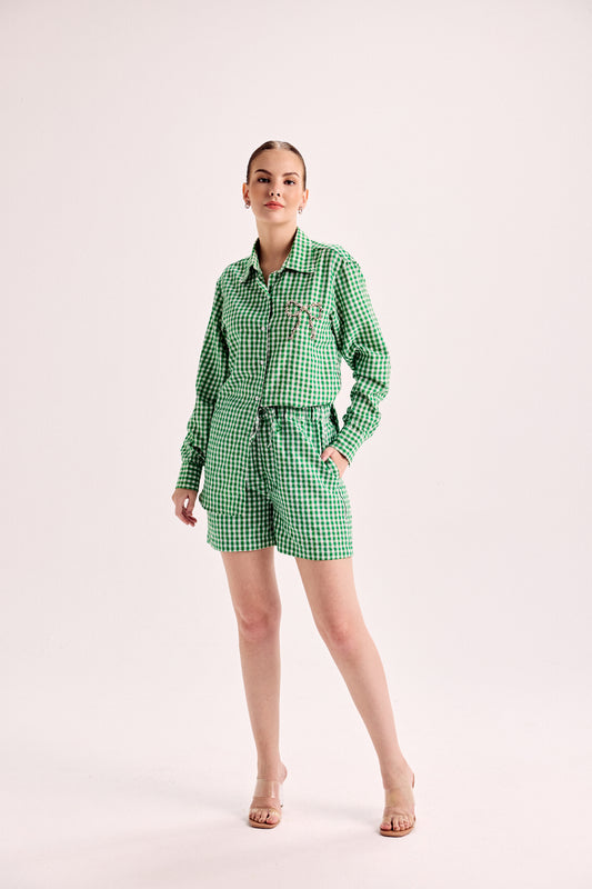 Crystal Bow Gingham Shirt & Shorts Co-Ord Set - Green