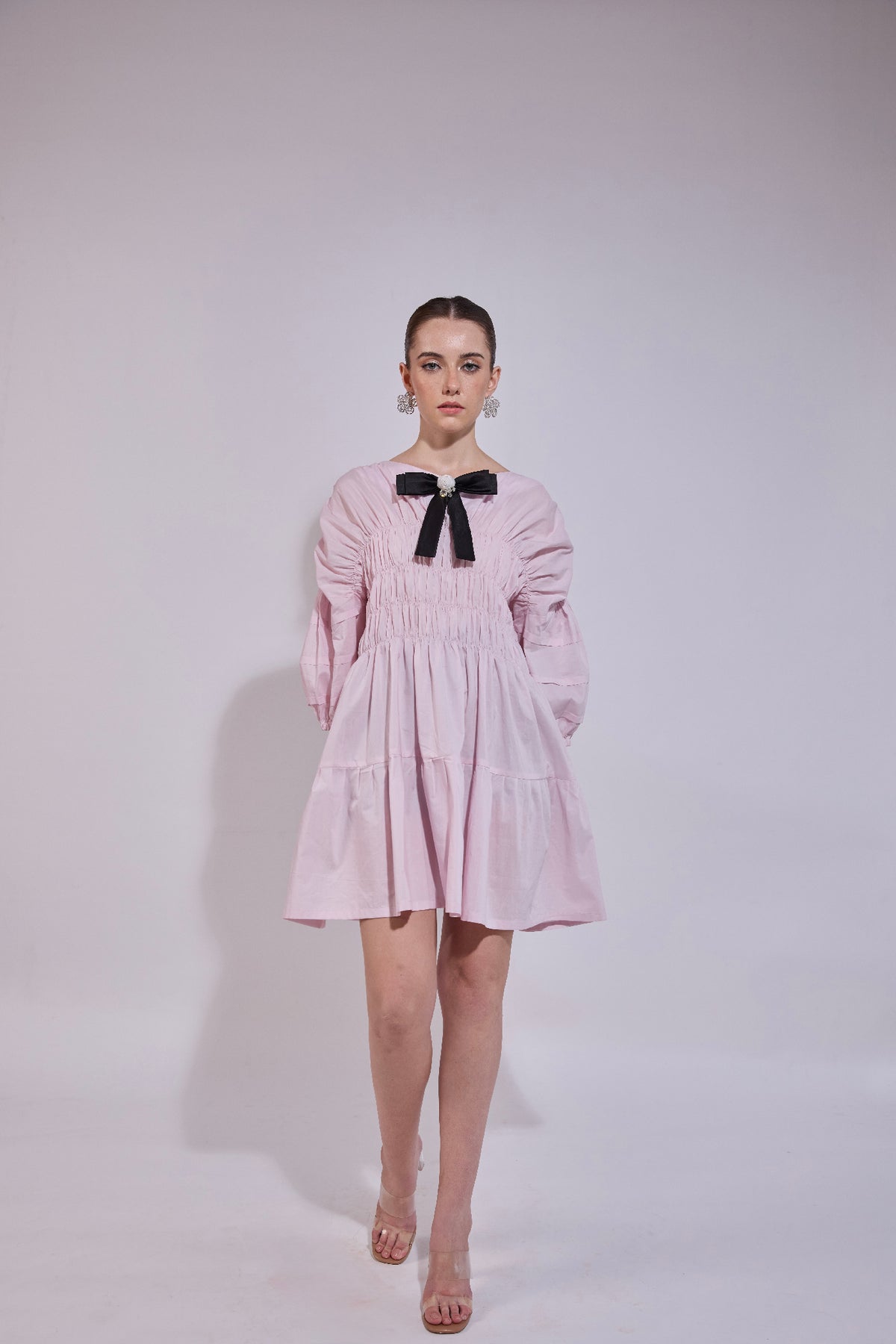 Pintuck Gathered Bow Embellished Loose Fit Dress