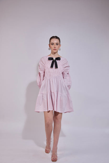 Pintuck Gathered Bow Embellished Loose Fit Dress