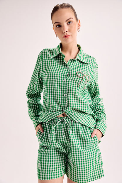 Crystal Bow Gingham Shirt & Shorts Co-Ord Set - Green