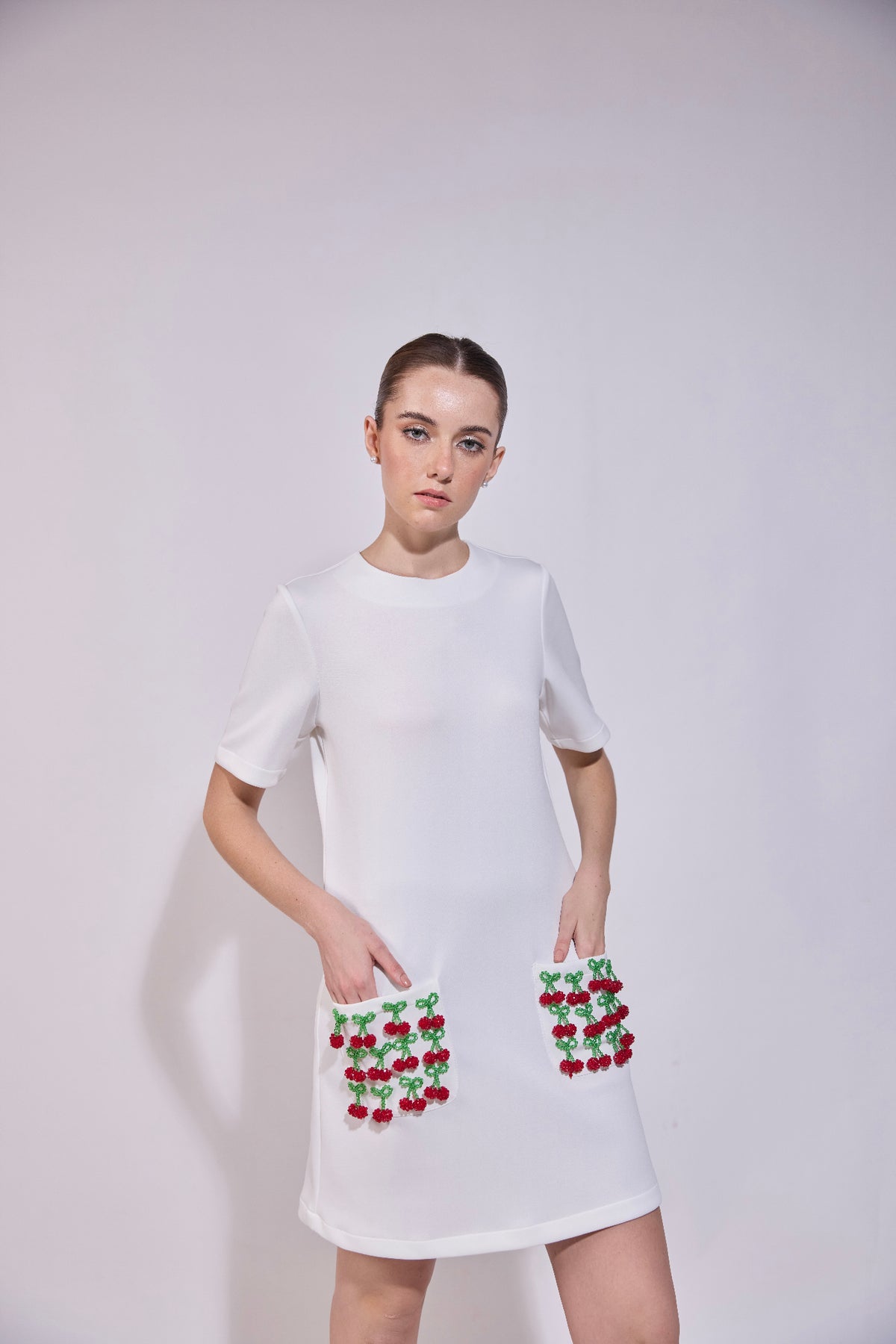 Cherry Embroidered Pocket Shift Dress