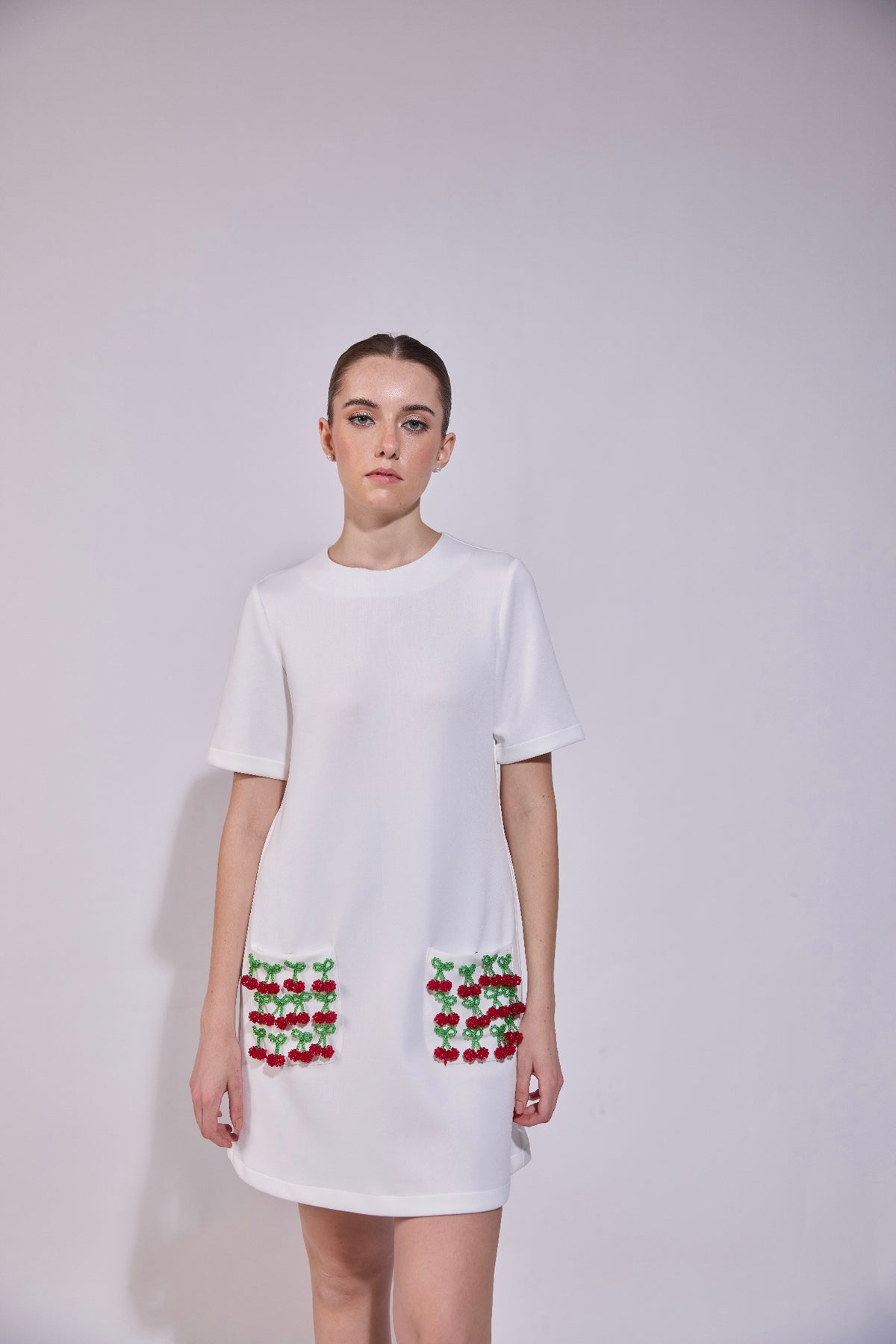 Cherry Embroidered Pocket Shift Dress