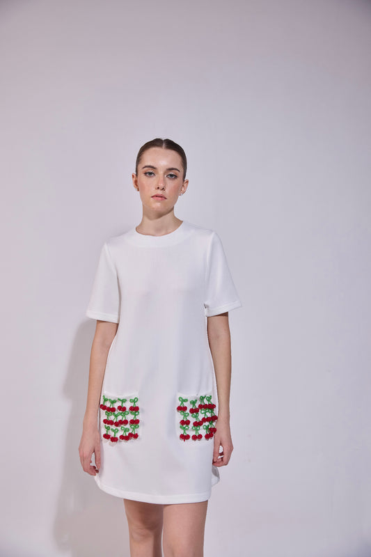 Cherry Embroidered Pocket Shift Dress