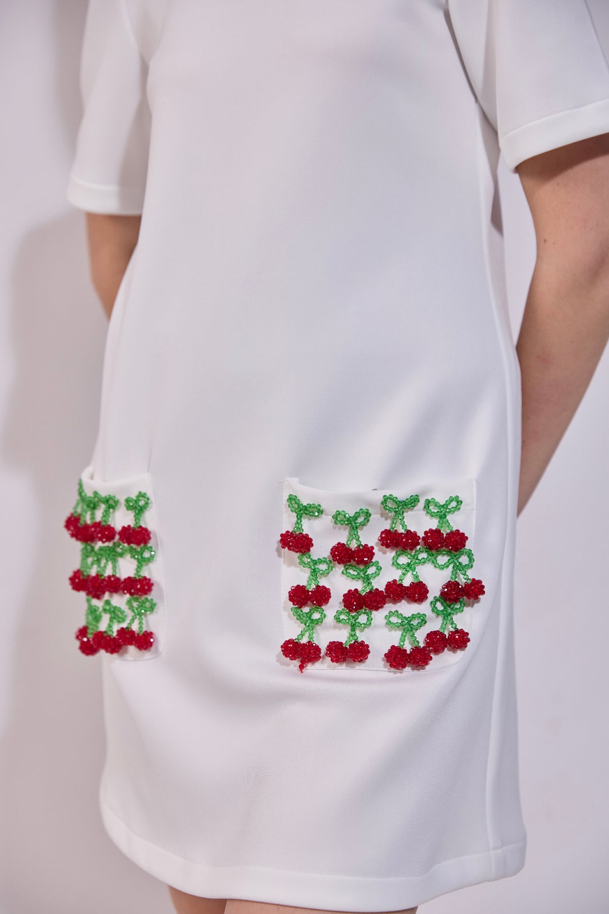 Cherry Embroidered Pocket Shift Dress