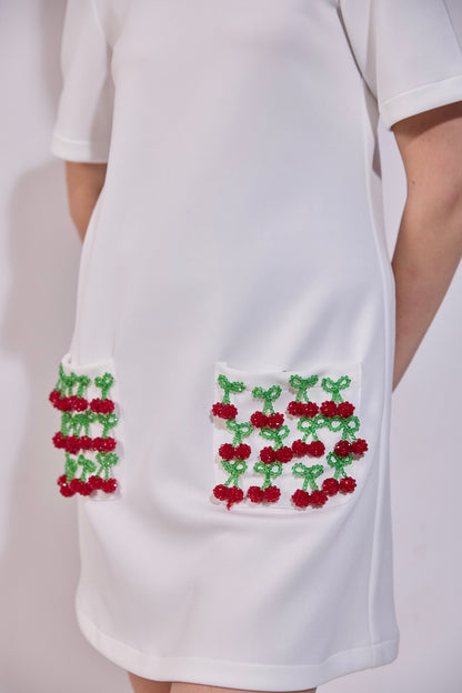 Cherry Embroidered Pocket Shift Dress