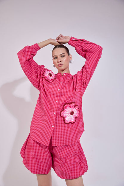 Flower Embroidered Oversized Denim Tunic & Tailored Shorts