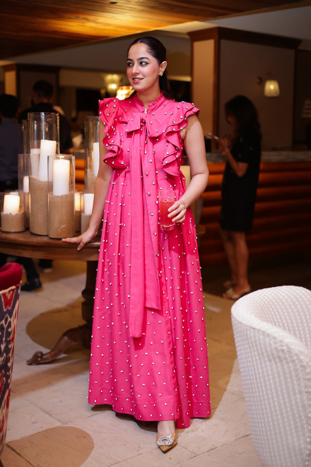 Swarosvki Embellished Pink Long Ruffle Sleeve Denim Dress