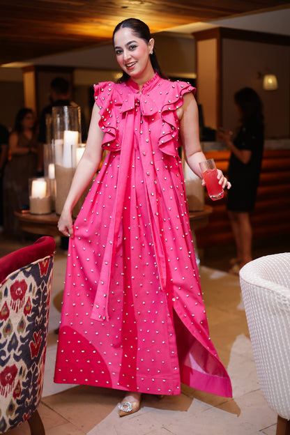 Swarosvki Embellished Pink Long Ruffle Sleeve Denim Dress