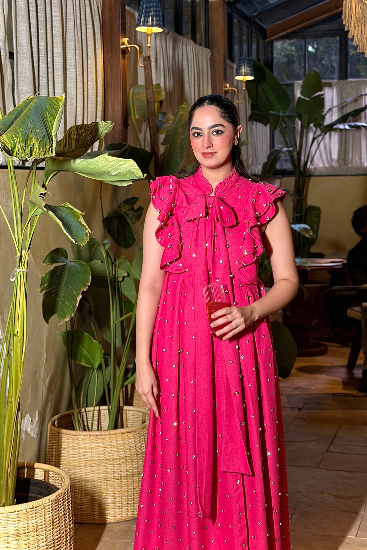 Swarosvki Embellished Pink Long Ruffle Sleeve Denim Dress