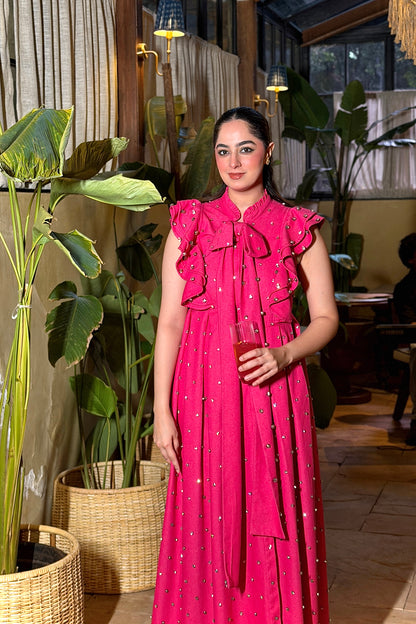 Swarosvki Embellished Pink Long Ruffle Sleeve Denim Dress