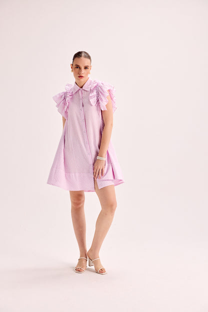 Pink And White Stripe Ruffle Sleeve Flowy Dress