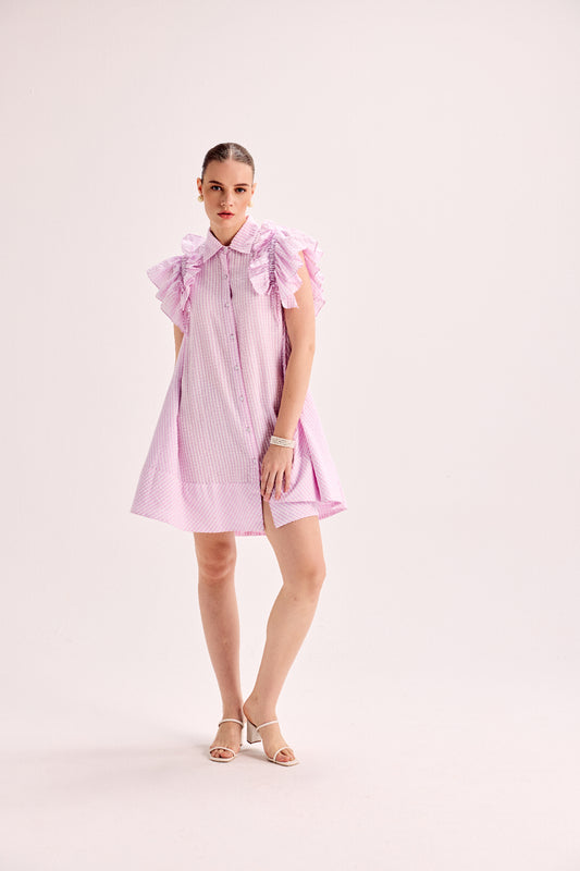 Pink And White Stripe Ruffle Sleeve Flowy Dress
