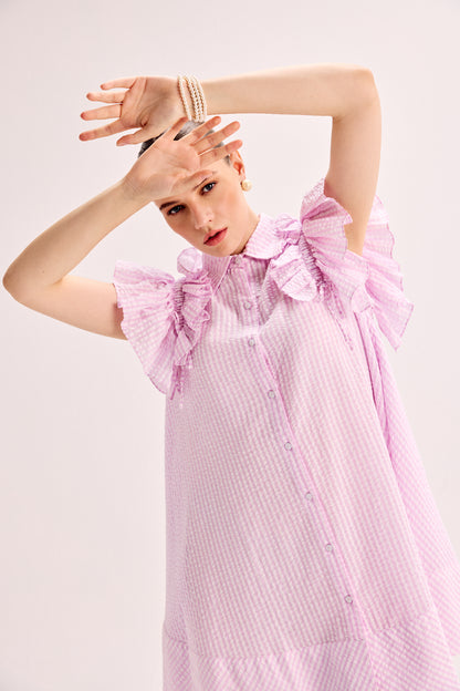 Pink And White Stripe Ruffle Sleeve Flowy Dress