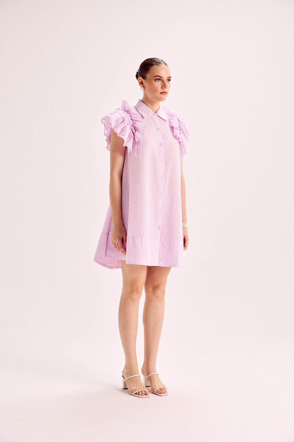 Pink And White Stripe Ruffle Sleeve Flowy Dress