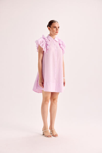 Pink And White Stripe Ruffle Sleeve Flowy Dress