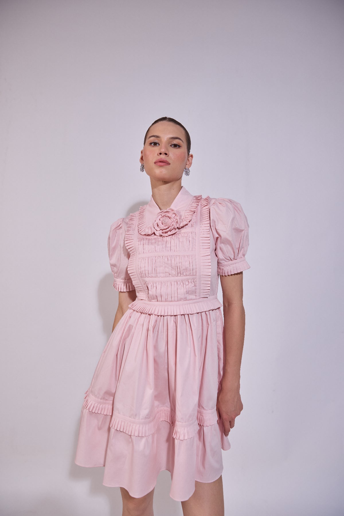 Puff Sleeve Ruffle Mini Dress With Mounted Flower