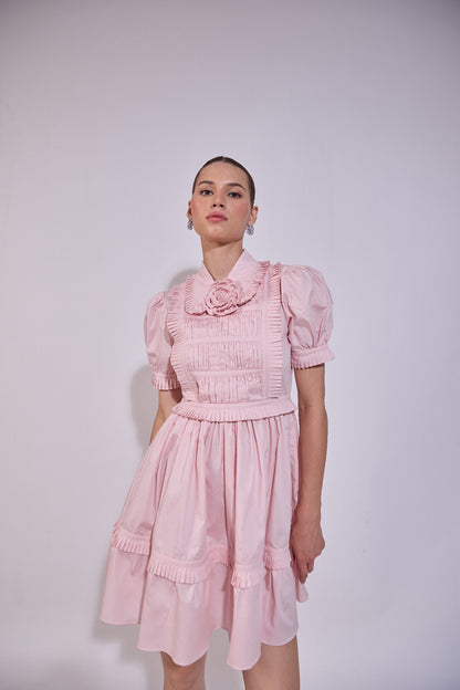 Puff Sleeve Ruffle Mini Dress With Mounted Flower
