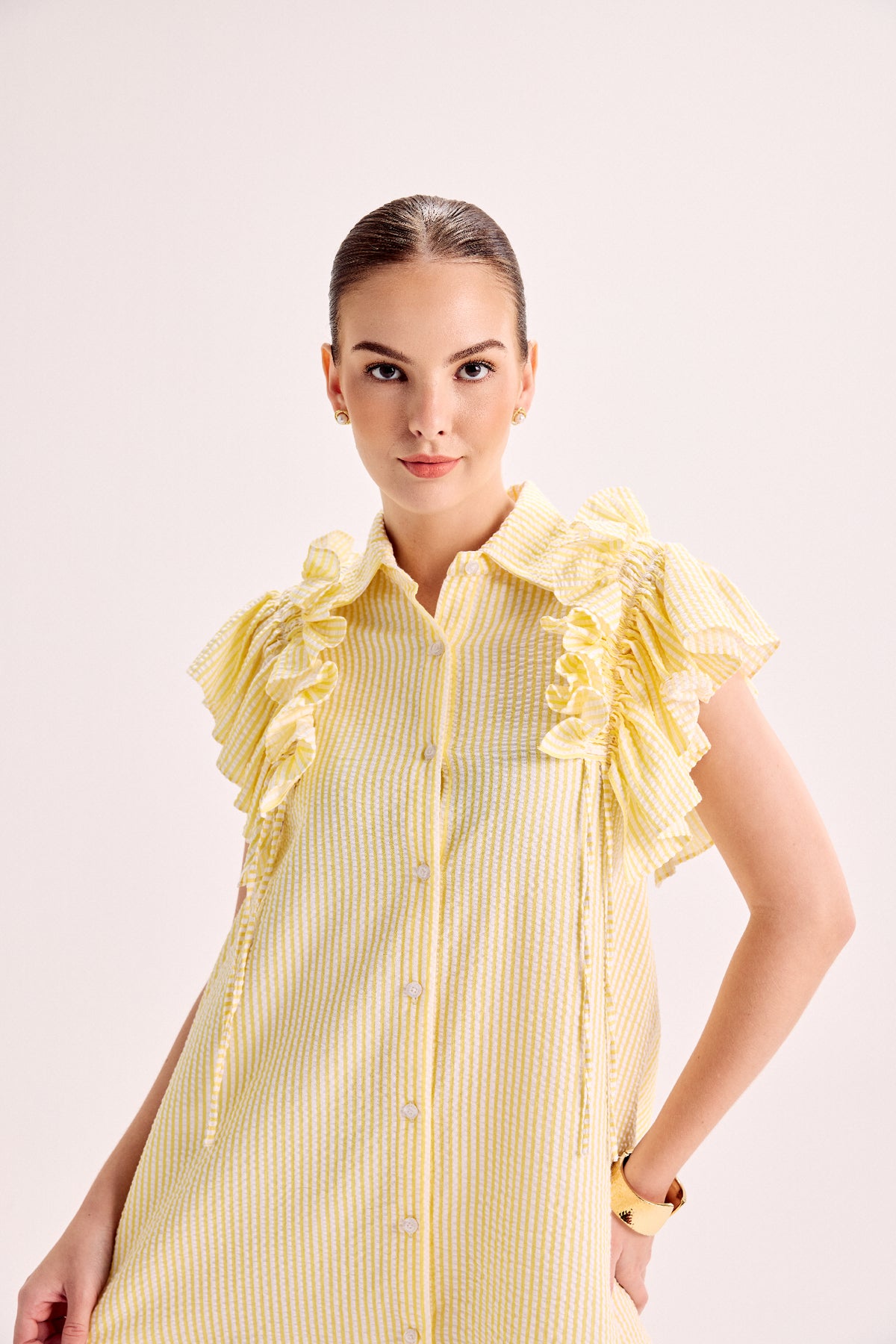 Butter Yellow Stripe Ruffle Sleeve Flowy Dress