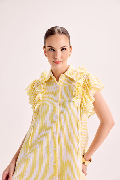 Butter Yellow Stripe Ruffle Sleeve Flowy Dress