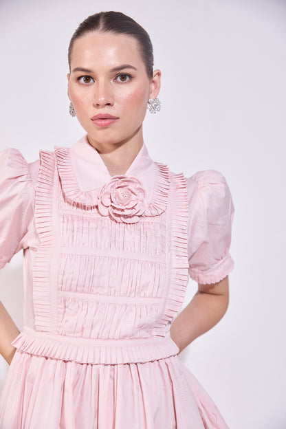 Puff Sleeve Ruffle Mini Dress With Mounted Flower