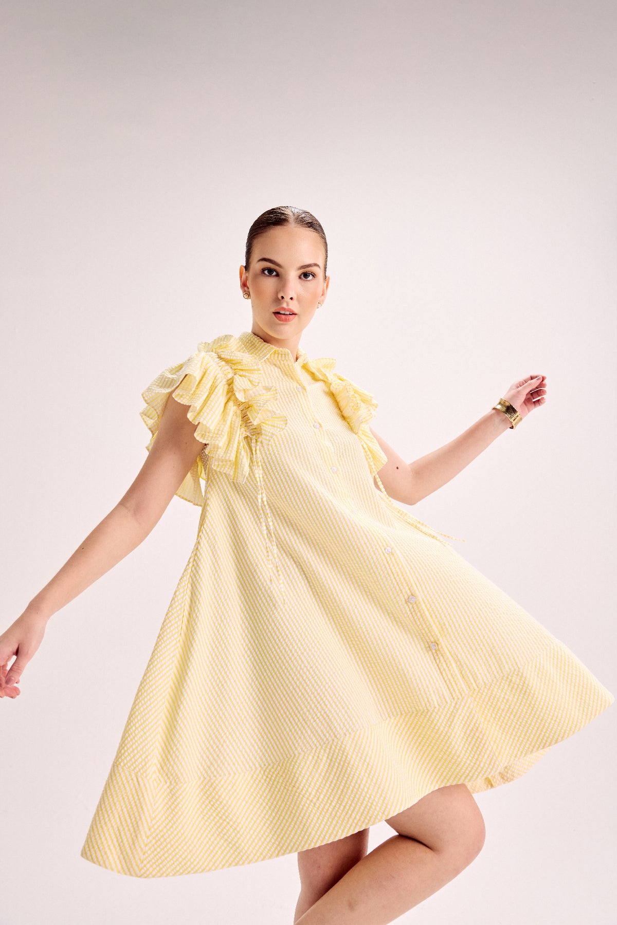 Butter Yellow Stripe Ruffle Sleeve Flowy Dress