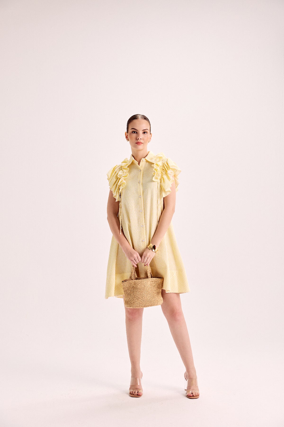 Butter Yellow Stripe Ruffle Sleeve Flowy Dress