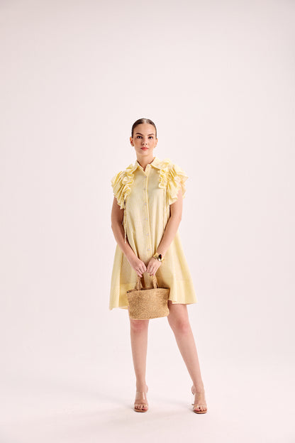 Butter Yellow Stripe Ruffle Sleeve Flowy Dress