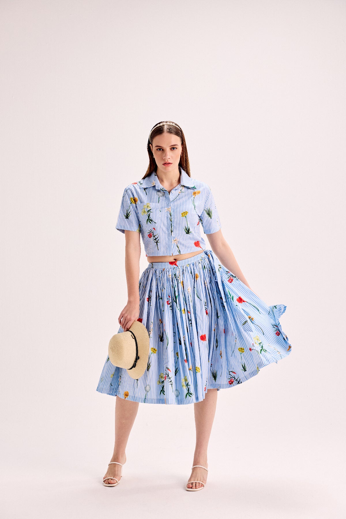 Pinstripe Floral Border Crop Shirt & Midi Skirt Set