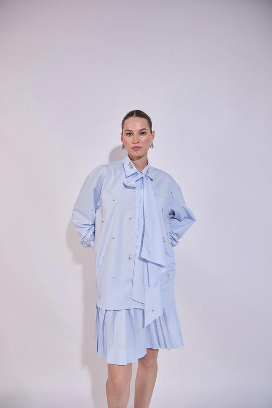 Embellished Bow Tie Shirt & Pleated Skirt Co-Ord Set