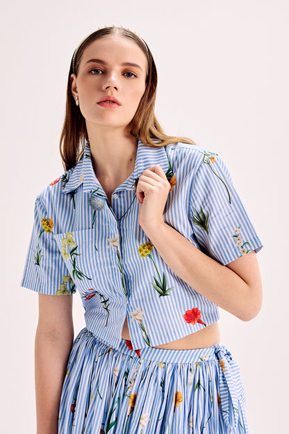 Pinstripe Floral Border Crop Shirt & Midi Skirt Set