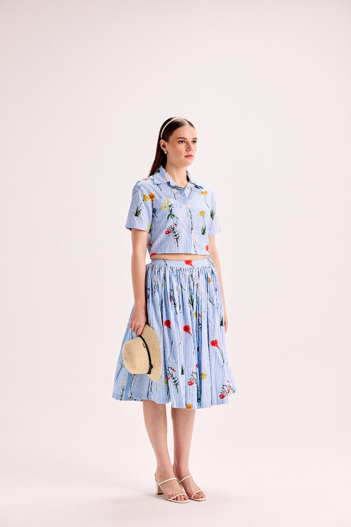 Pinstripe Floral Border Crop Shirt & Midi Skirt Set