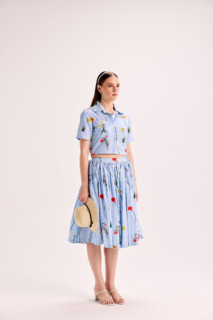 Pinstripe Floral Border Crop Shirt & Midi Skirt Set