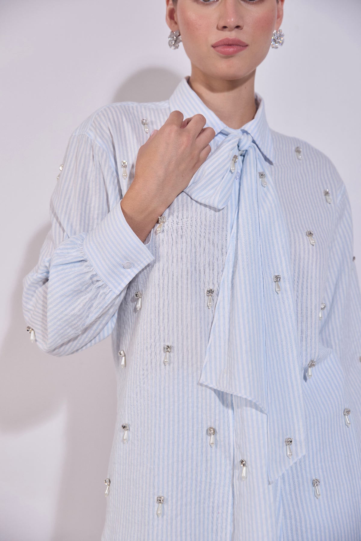 Powder Blue Bow-Tie Striped Co-Ord Set