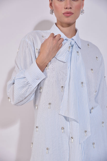 Powder Blue Bow-Tie Striped Co-Ord Set
