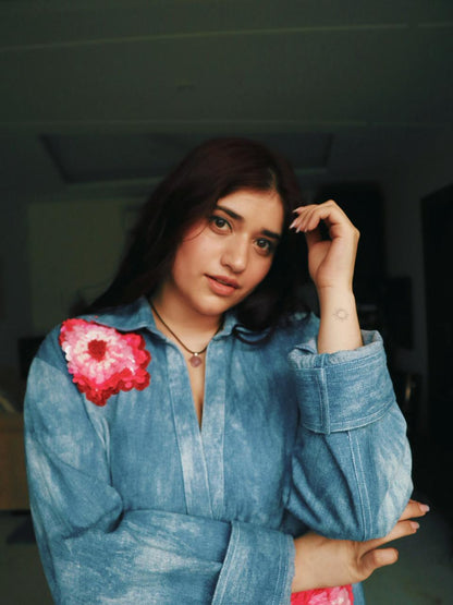 Floral Applique Denim Shift Dress