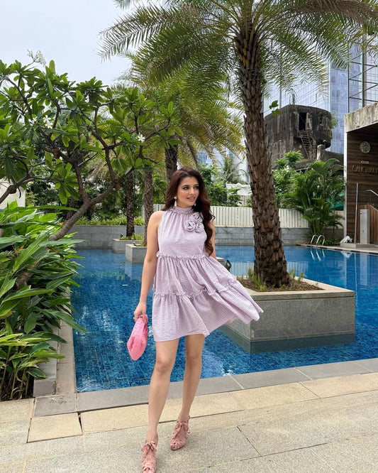 Lavender Tiered Flare Dress With Embellished Flower